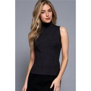 NEW ACTIVE BASIC sleeveless high neck rib sweater top in charcoal